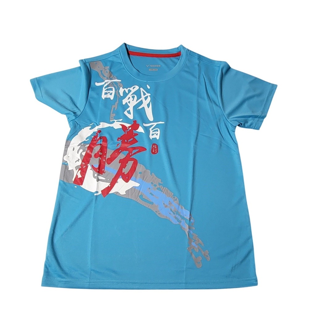 Victor Cool Cell Badminton Shirt Blue Graphic Calligraphy Performance Tee Mens M